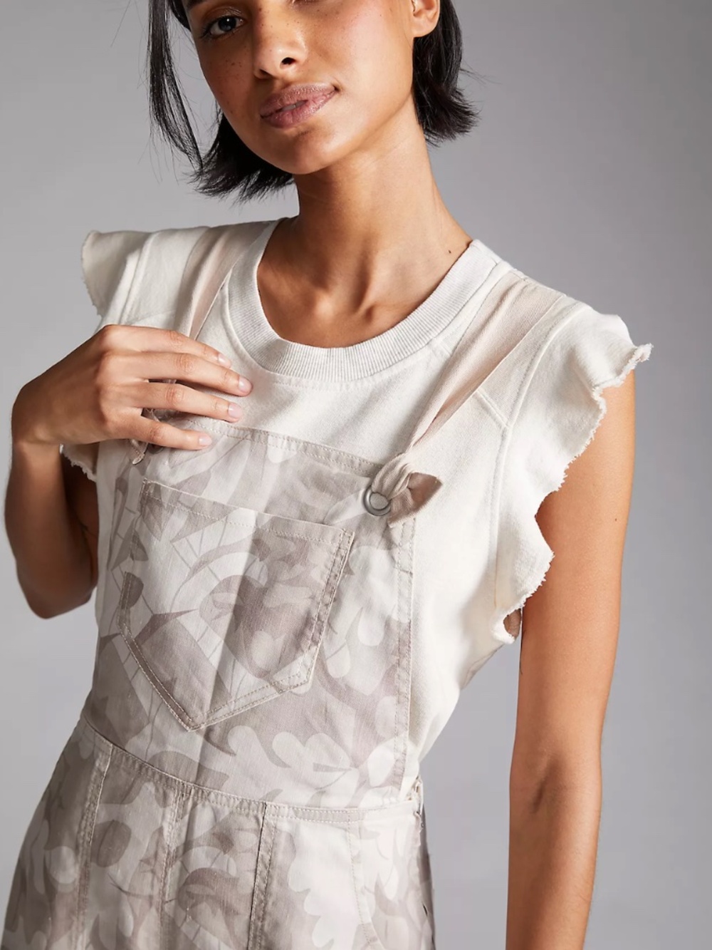 Anthropologie Beige Abstract Print Wide Leg Linen Blend Overalls Boho, Sz Medium - Picture 2 of 12